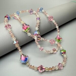 Czech Iris Glass Pink Crystal Beaded Necklace 33" Opera Pastel Whimsical Summer